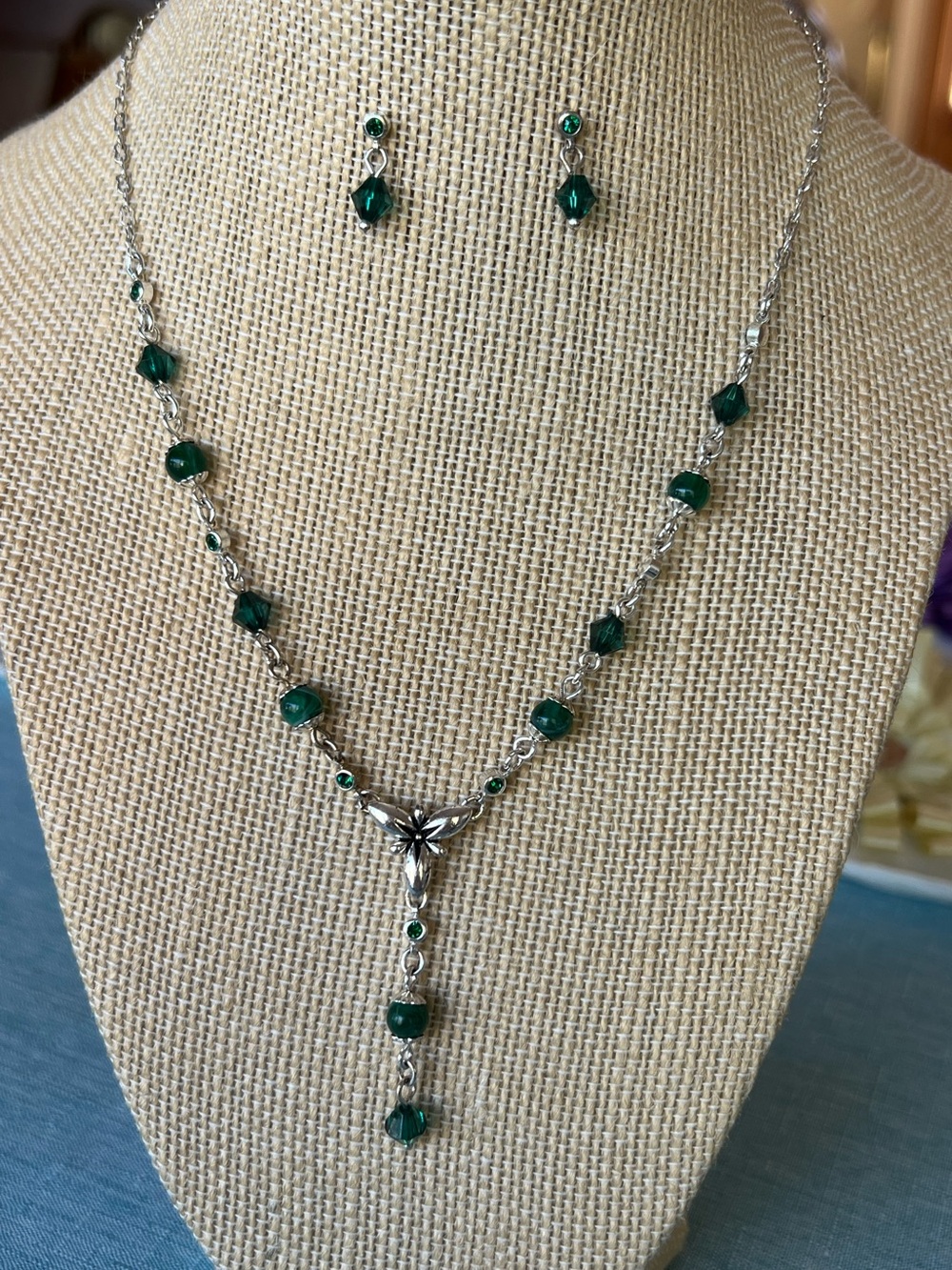 Green bead and crystal necklace and earring set